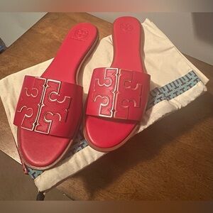 NEW- Tory Burch Red Flat Sandals with Brown Soles